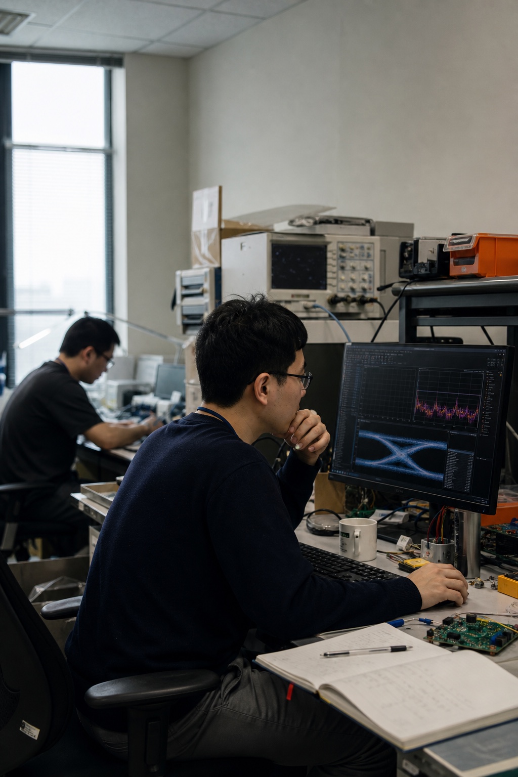 Engineers reviewing component measurements